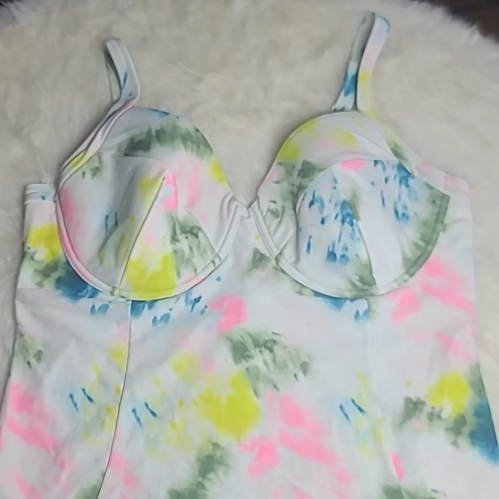 Old Navy Tie-Dye One-Piece Swimsuit - White with Pink & Blue Accents